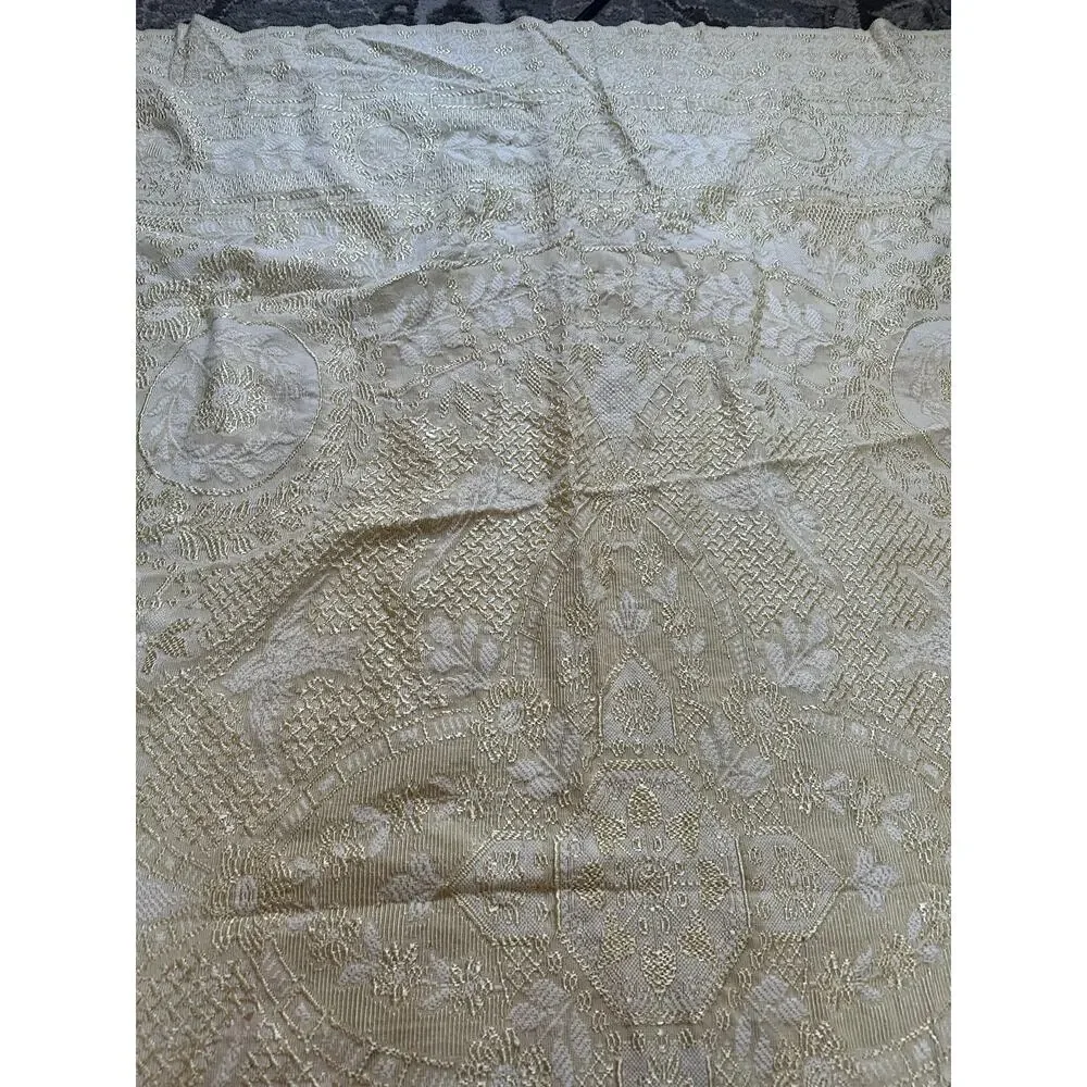 Vintage Damask Bedspread Fringesd Light yellow pale Jacquard twin/full 86x72”